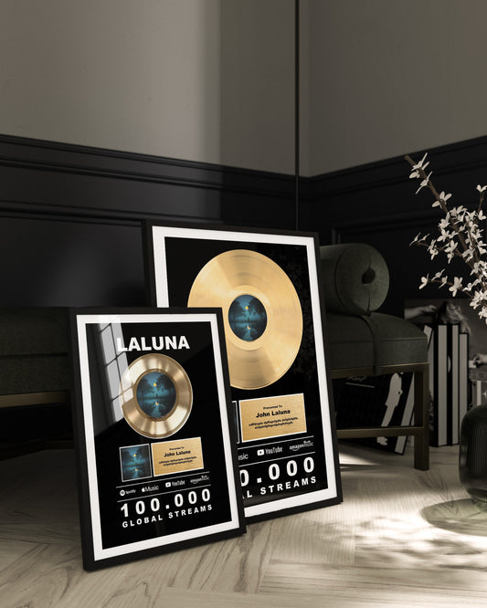 Custom Gold Vinyl Record Frame ,Award Plaque , streaming Goal Gift , Recognition Award , Award for Musicians, Singers, Artists, Producers